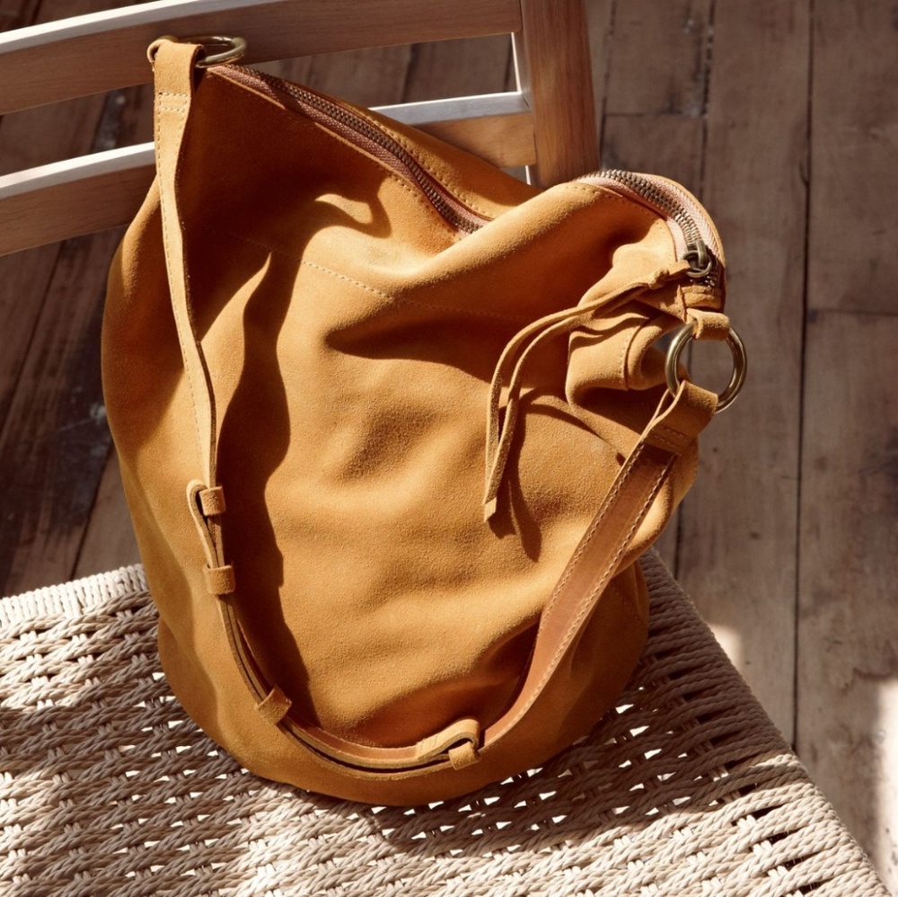 Madewell mustard suede Lisbon O-ring bucket bag